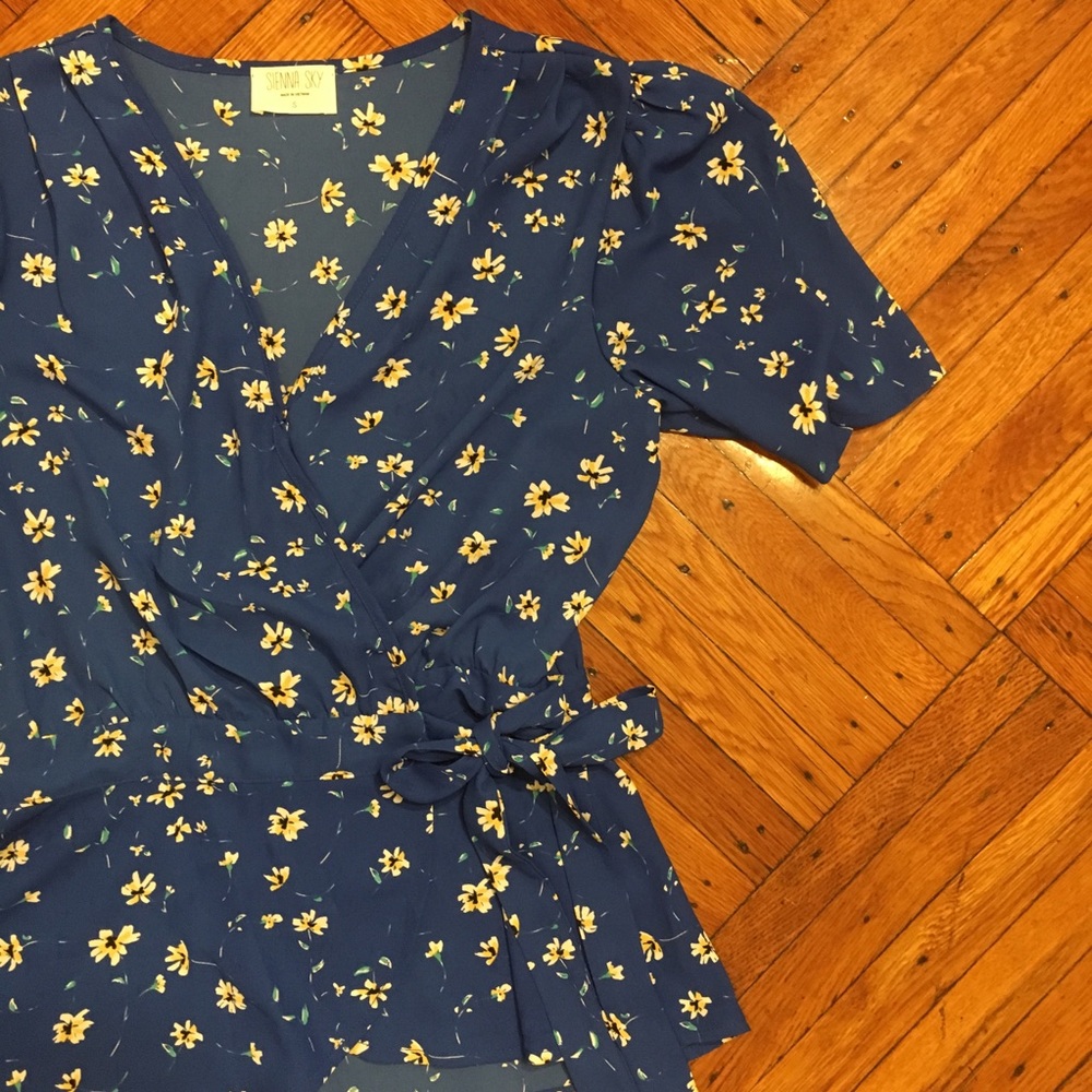 Blue Floral Wrap Blouse